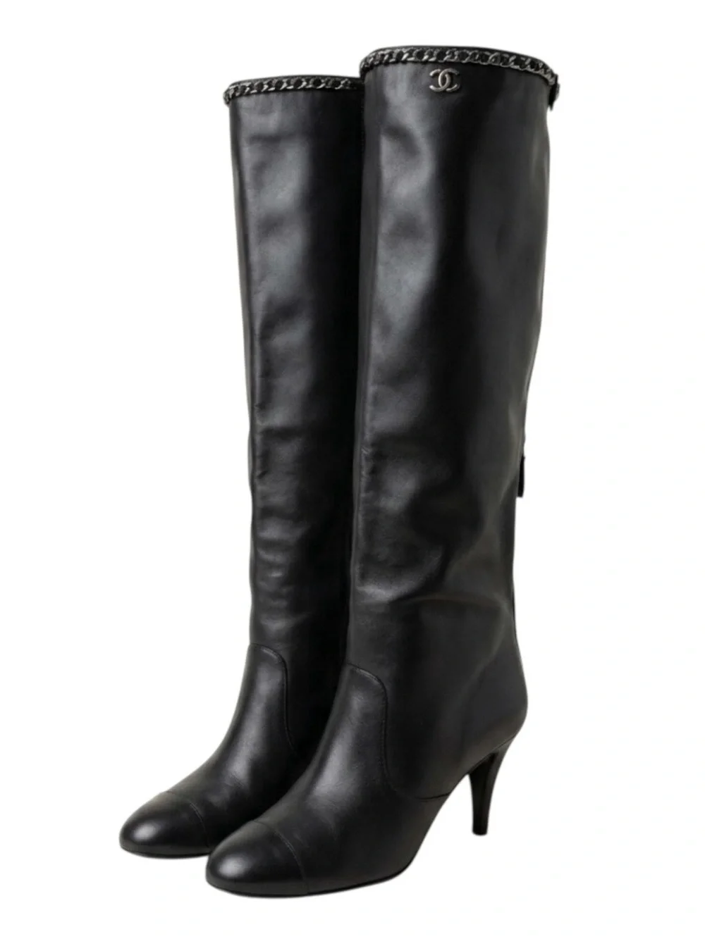Chanel Black Leather Chain CC Charm Cap Toe Knee High Heeled Boots Size 41